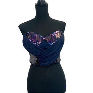BEBE Navy blue purple sequin wrap draped sweetheart bustier corset crop top Sz L